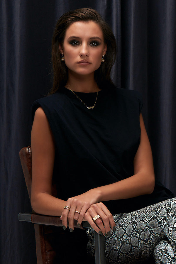 Edge Only POW! and BAM! Drop Earrings in 18ct gold vermeil and Mini BAM! Letters necklace 14 carat gold