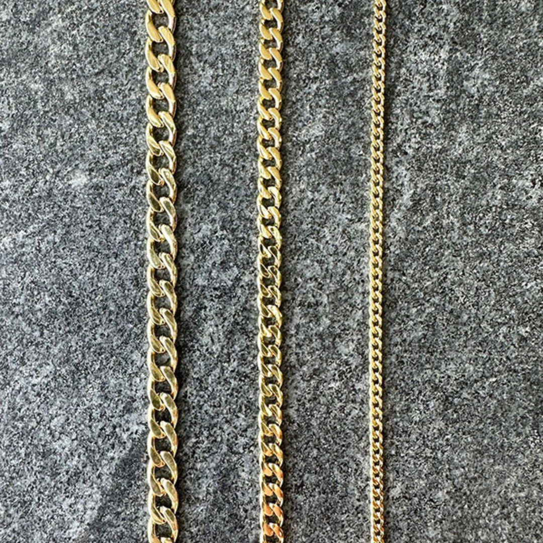 Edge Only curb chains 4.75, 3.7mm and 2mm in 18ct gold vermeil