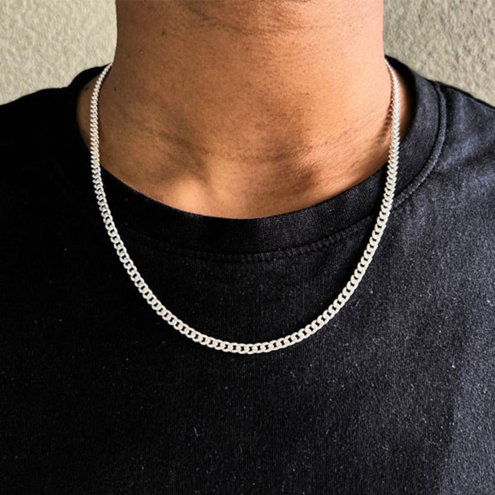 Edge Only 3.7mm Curb Chain sterling silver. Flat Link necklace modelled on a man