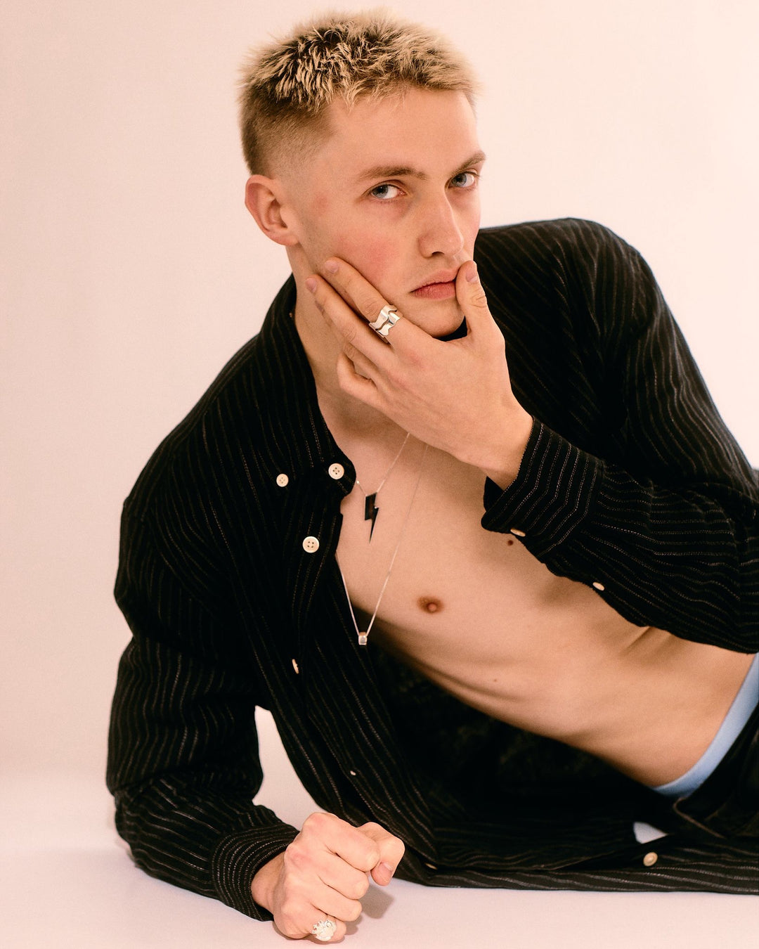 Edge Only Flat Top Lightning Bolt Pendant long, Hex Nut Pendant long in sterling silver. Declan Kelly editorial shoot 