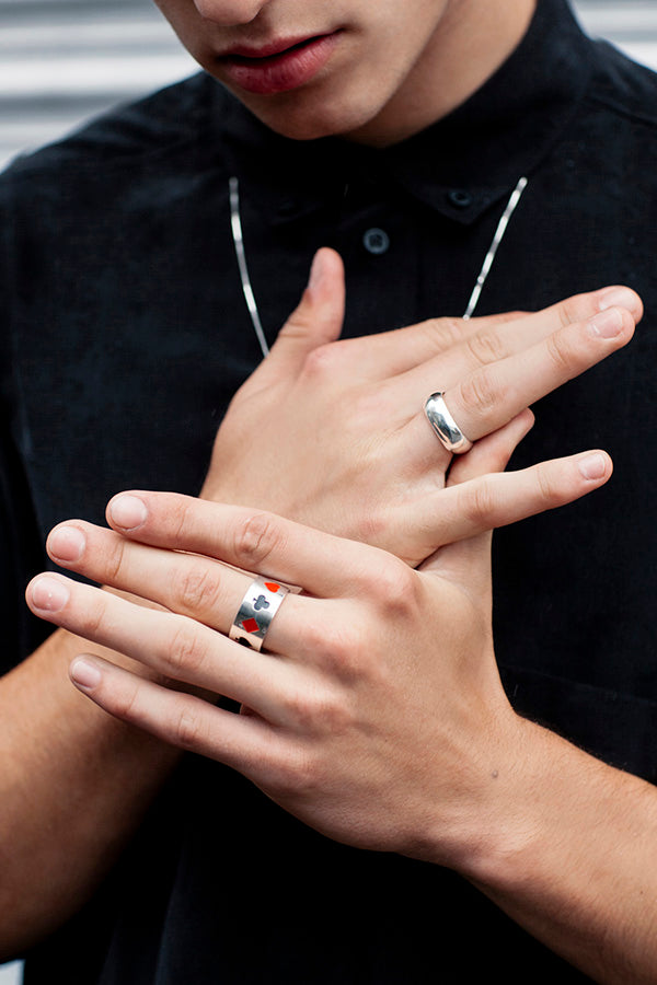 Edge Only Squared Off D Shaped Band 8mm i and Enamelled Poker Ring in sterling silver