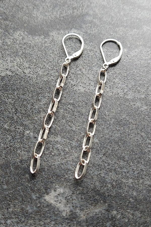 Edge Only Oval Link Drop Earrings sterling silver on marble. Chain Link