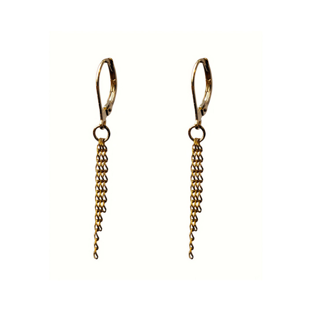 Edge Only solid gold Triple chain drop earrings cut out on a white background