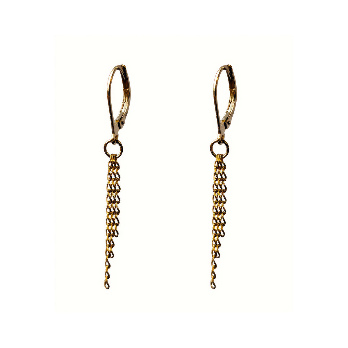Edge Only solid gold Triple chain drop earrings cut out on a white background