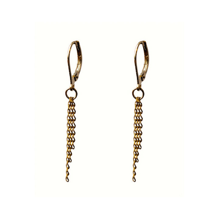 Edge Only solid gold Triple chain drop earrings cut out on a white background