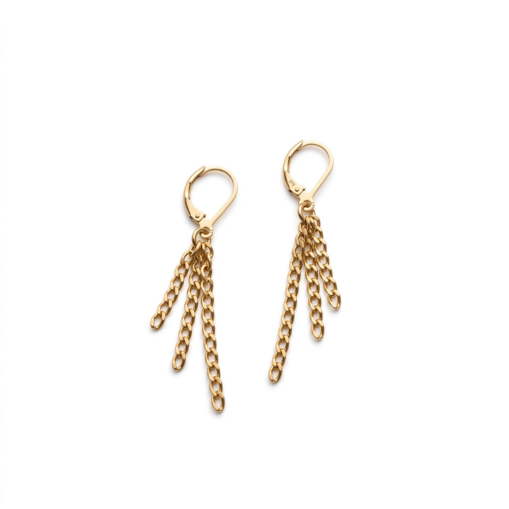 Edge Only Triple Chain Drop Earrings in solid 9ct gold. Lying flat on white