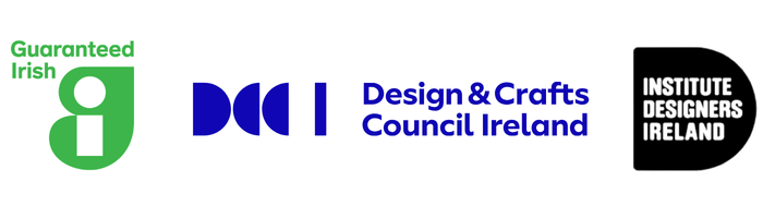 A horizontal banner featuring logos for 'Guaranteed Irish', 'Design & Crafts Council Ireland', and 'Institute Designers Ireland' on a white background.