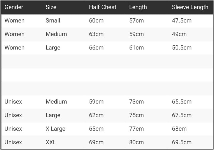 Collaboration sweatshirts Size Guide table