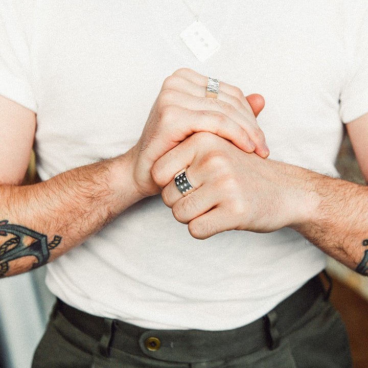 Edge Only Rugged Ring and Galaxy Ring in recycled sterling silver