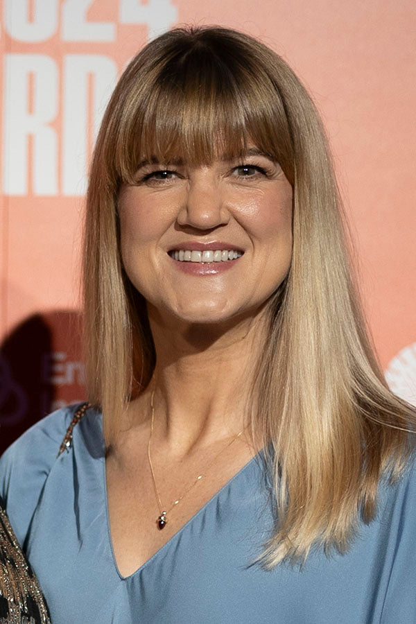 Jenny Huston wearing Edge Only Hessonite Garnet and Diamond Bullet Pendant and earrings IDI Awards 2024. 50cm chain.