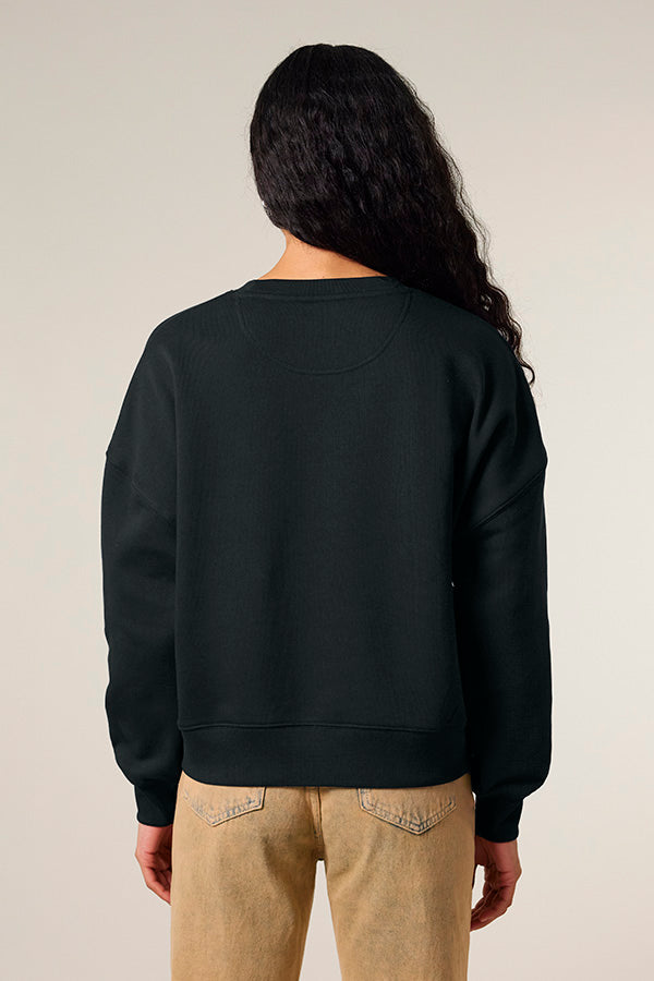 Ladies Sweatshirt on Female Model Back view. 