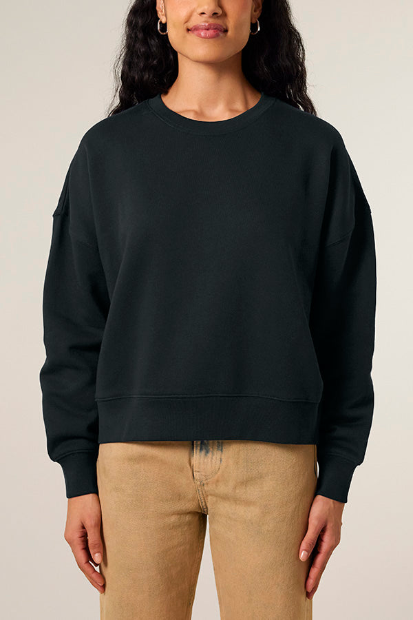 Ladies Sweatshirt on Female Model. Blank. Front view for length and fit
