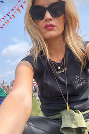 Laura Whitmore wearing her Edge Only Pointed Lightning Bolt Pendant Long in 18ct gold vermeil at Electric Picnic 2024