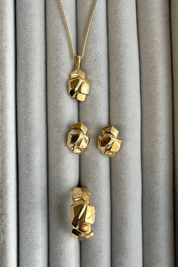 Edge Only Rock Pendant, Earrings and ring in 18ct gold vermeil. Made with recycled sterling silver.