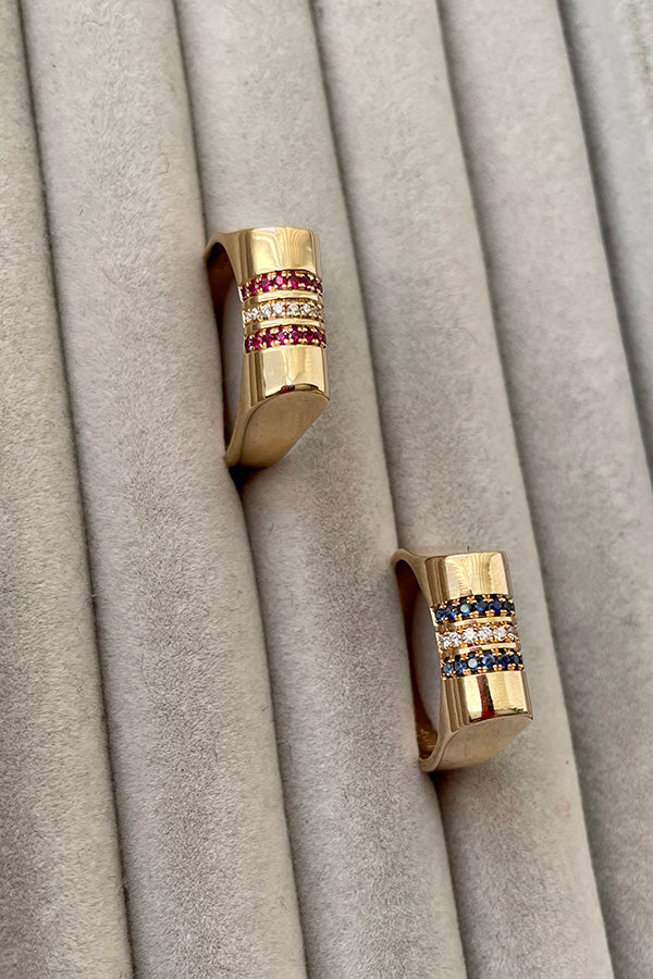 Edge Only Ruby and Diamond and Sapphire and Diamond High Top Ring in 14 carat recycled gold.