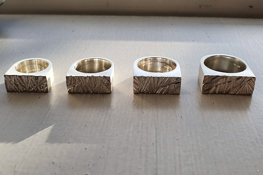 Edge Only Rugged Rings in recycled sterling silver. Scaling in size and width
