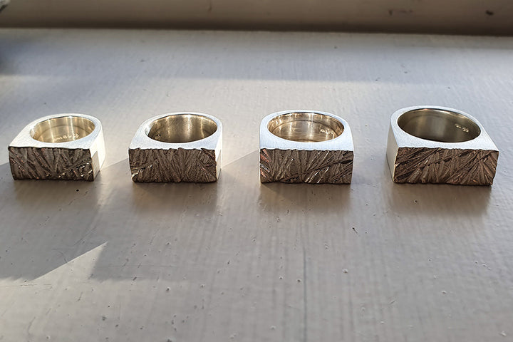 Edge Only Rugged Rings in recycled sterling silver. Scaling in size and width