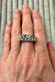 Edge Only Rugged Ring in recycled sterling silver. Oxidised ring on hand
