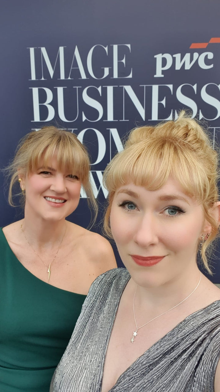 Jenny wearing Skinny Lightning Bolt Pendant 14ct gold and Sissi wearing Mini Megastar 2 Star Pendant. Image Pwc Businesswoman of the Year Awards 2026