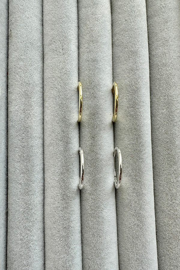 Edge Only Sleeper Hoop Earrings 15mm sterling silver and 18ct gold vermeil on velvet