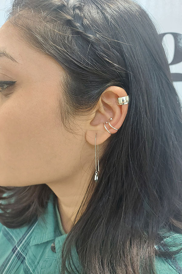 Edge Only Domed Ear Cuff, Ear Cuffs with balls and Hexagon ear threader in recycled sterling silver