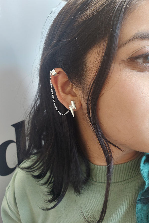 Edge Only Ear cuff with chain sterling silver with 3D Flat Top Lightning bolt Earring