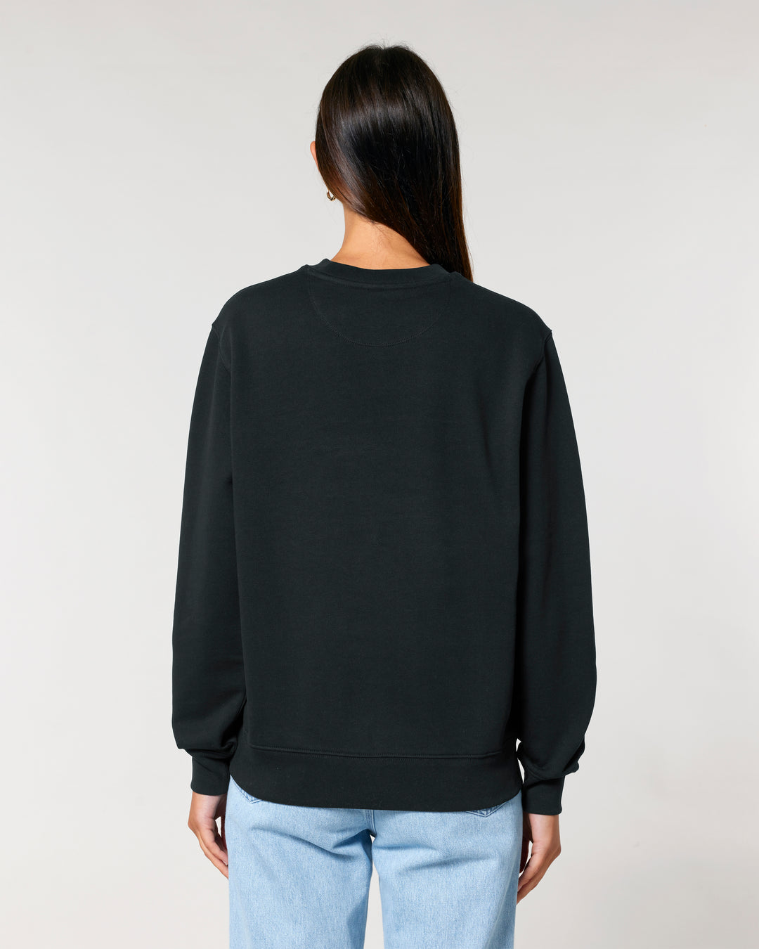 Unisex Sweatshirt on Female Model Size XS Back. 100% organic cotton GOTS