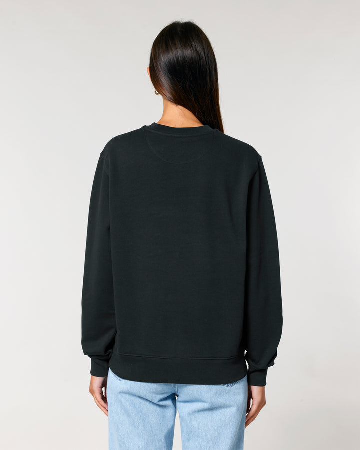 Unisex Sweatshirt on Female Model Size XS Back. 100% organic cotton GOTS