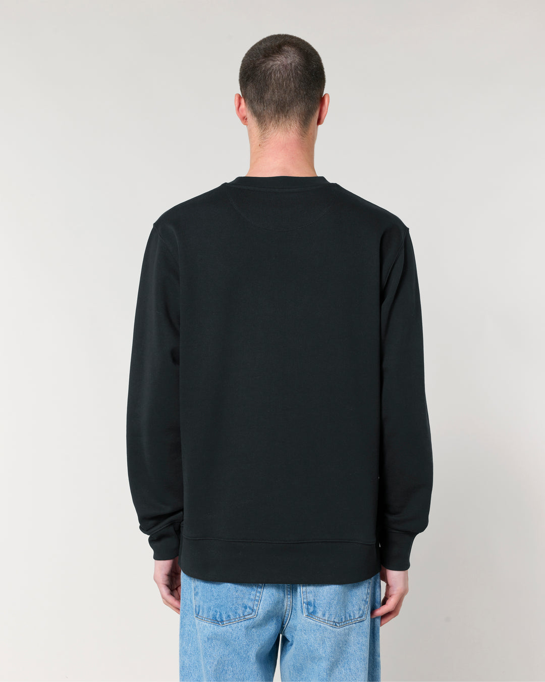Unisex Sweatshirt on Male Model Back. Size Large. Black 100% organic cotton GOTS