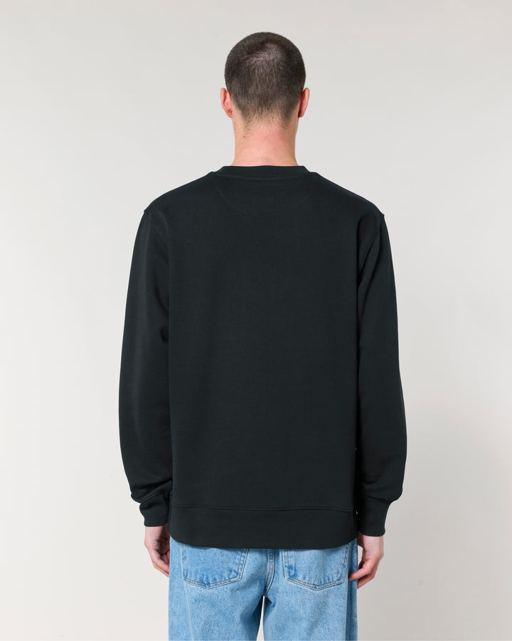 Unisex Sweatshirt on Male Model Back. Size Large. Black 100% organic cotton GOTS