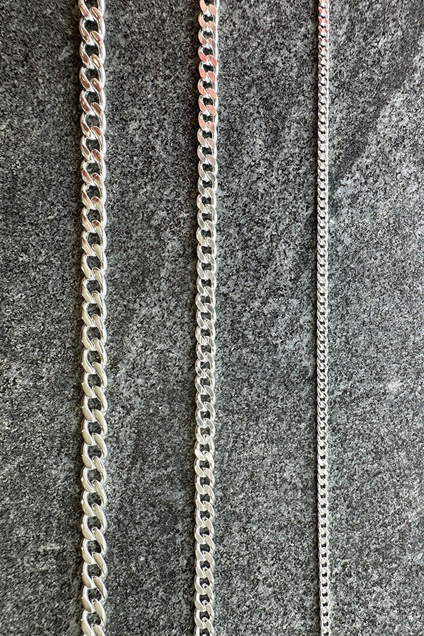 Edge Only 4.75 Curb chain, 3.7 curb chain and 2mm curb chain in recycled sterling silver