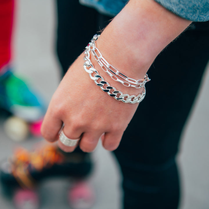 LtoR Edge Only Heavy Curb Bracelet, Flat Oval Link Bracelet and Long Link Bracelet in sterling silver