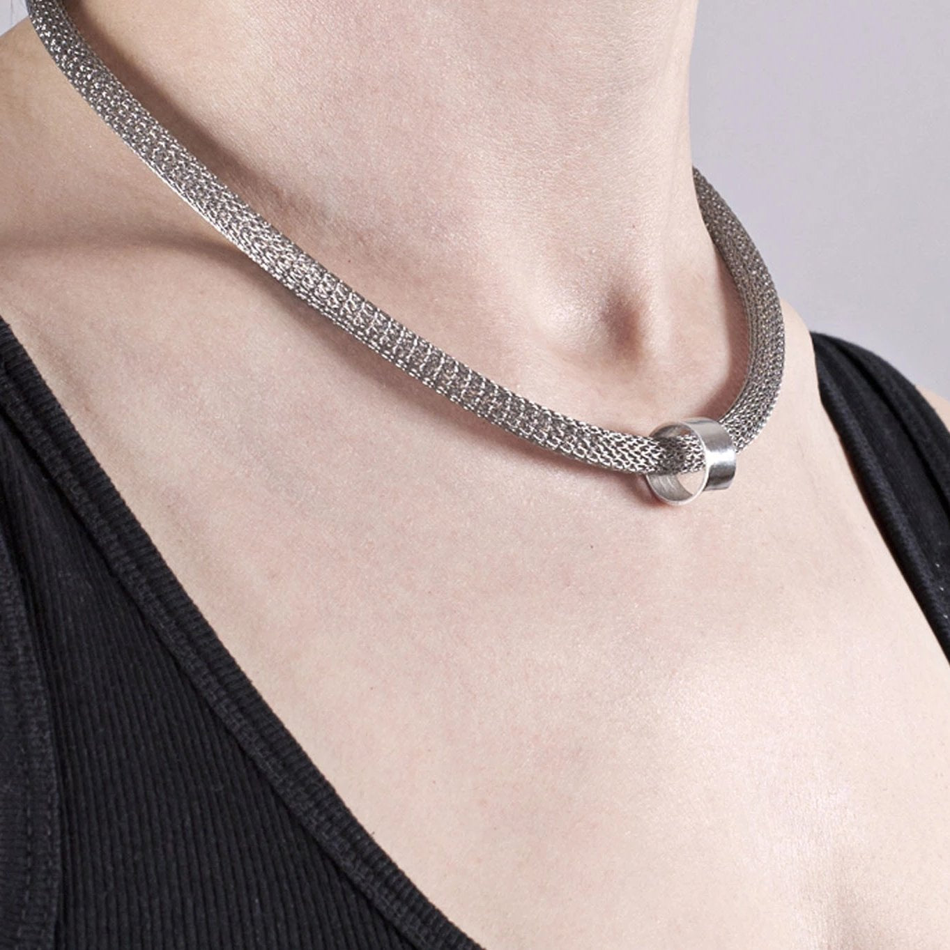 Edge Only Circular Bead Mesh Necklace in Sterling Silver