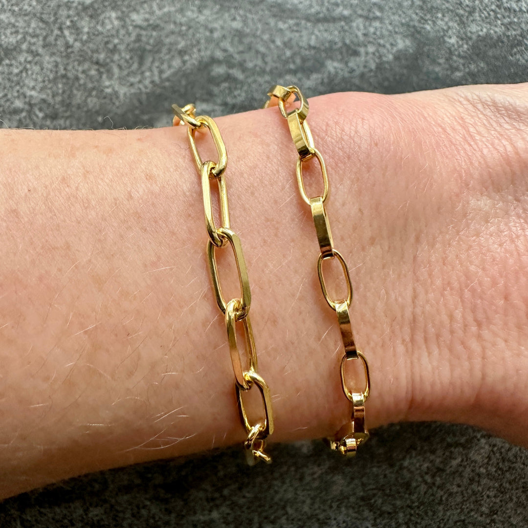 Edge Only Long Link Bracelet 4.35 (L) Flat Oval Bracelet (R) gold vermeil