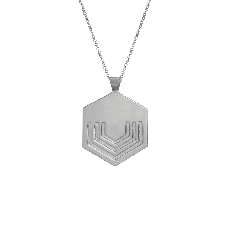 Edge Only Hexagon pendant Long in Silver on a Belcher chain. EOxLH