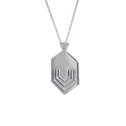 Edge Only Hexagon pendant Long in Silver on a Belcher chain picture from the side. EOxLH