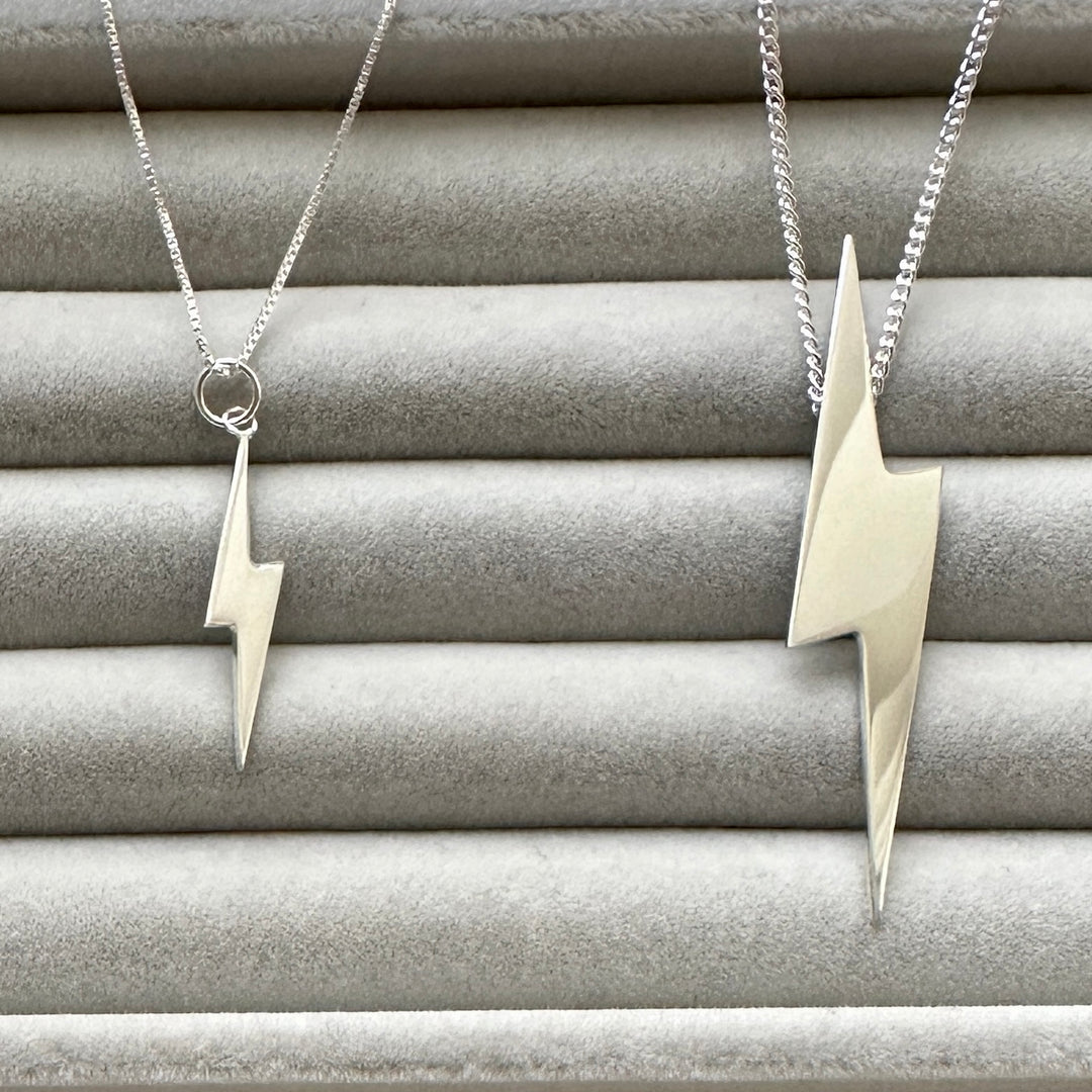 Edge Only Mini Lightning Bolt Pendant and Pointed Lightning Bolt Pendant in recycled sterling silver