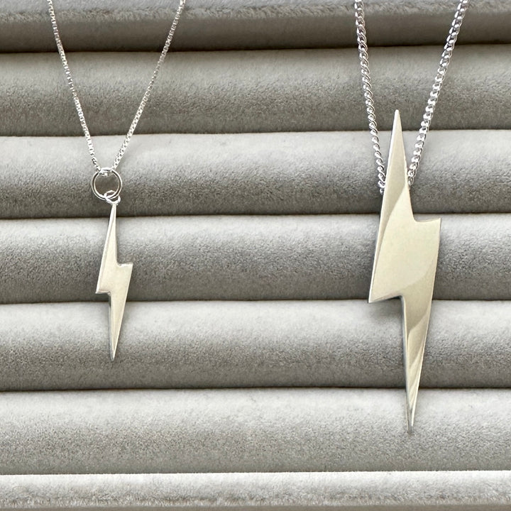 Edge Only Mini Lightning Bolt Pendant and Pointed Lightning Bolt Pendant in recycled sterling silver