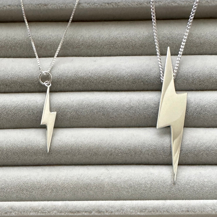 Edge Only Mini Lightning Bolt Pendant and Pointed Lightning Bolt Pendant in recycled sterling silver
