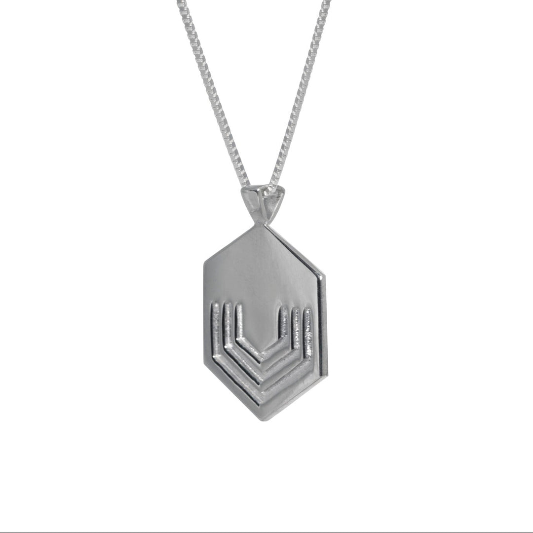 Edge Only Hexagon Pendant in recycledsterling silver on a box chain. EOxLH