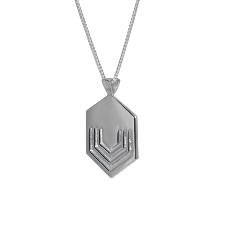 Edge Only Hexagon Pendant in recycledsterling silver on a box chain. EOxLH