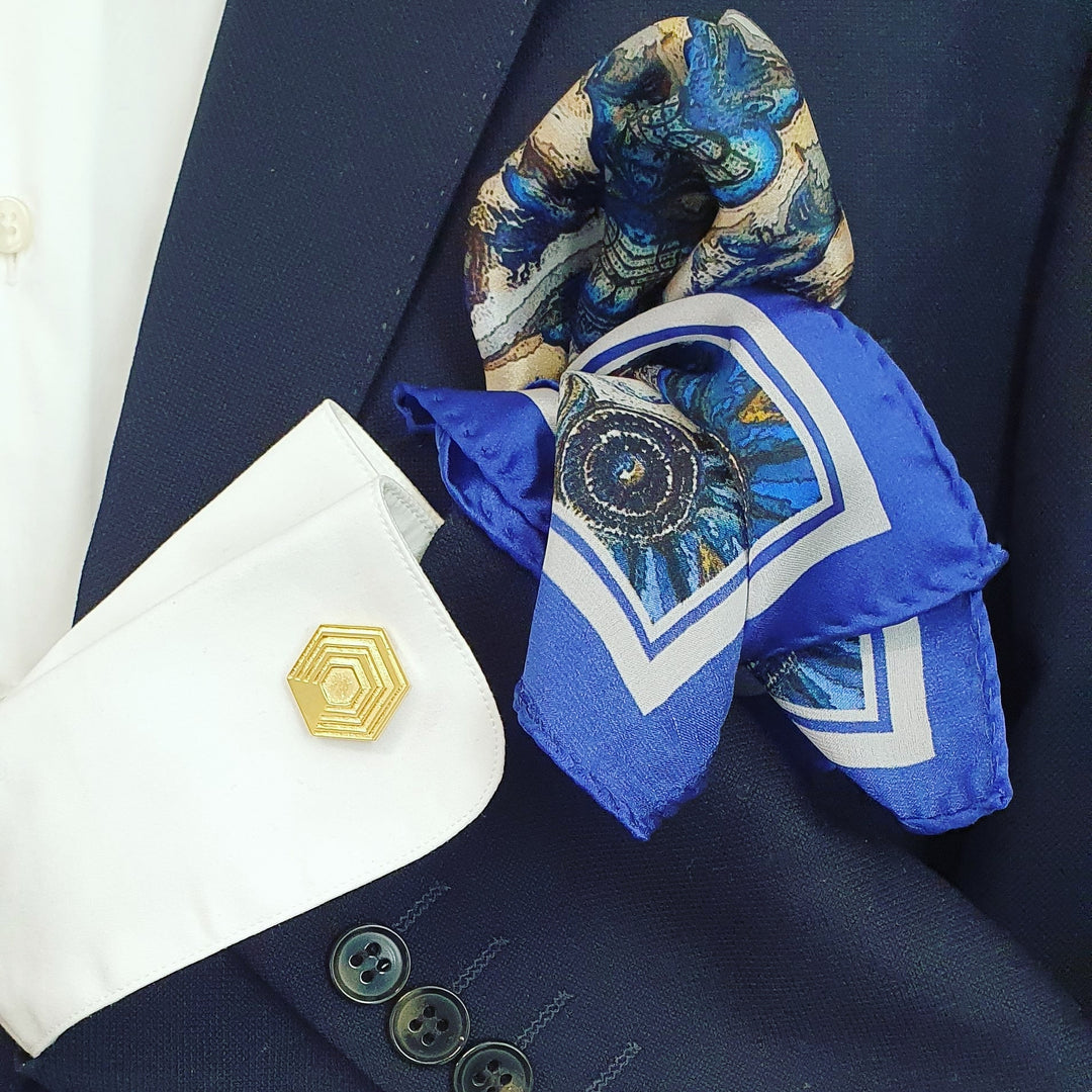 Edge Only Hexagon Cufflinks 18ct gold vermeil with Debbie Millington Venice Blue silk pocket square