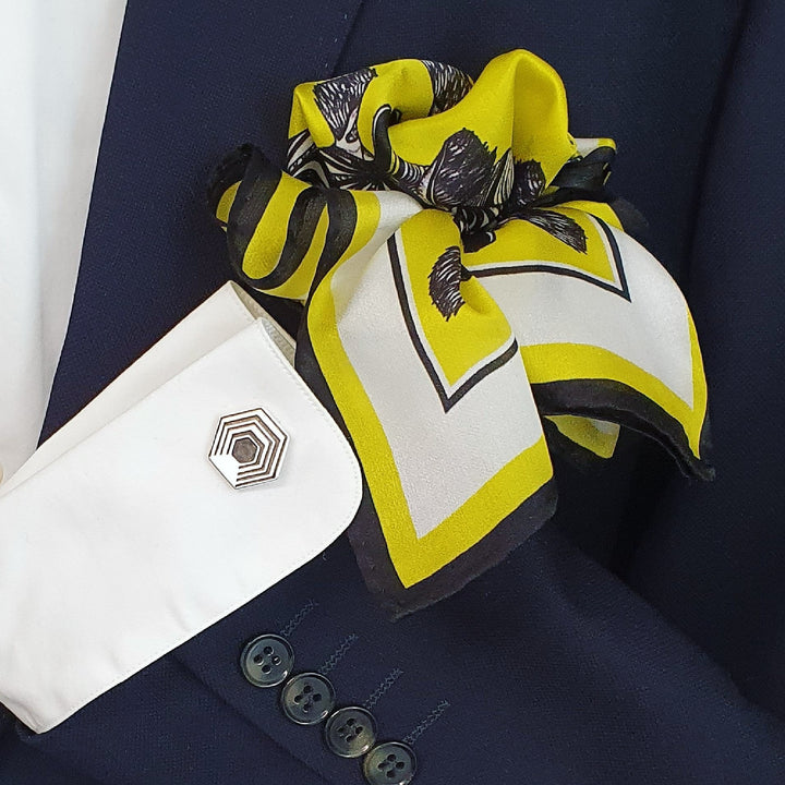 Edge Only Hexagon Cufflinks sterling silver black with Debbie Millington zebra yellow silk pocket square