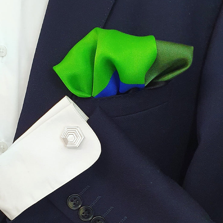 Edge Only Hexagon Cufflinks sterling silver with Debbie Millington Cubic green silk pocket square