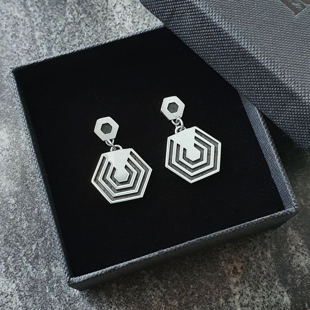 Edge Only Hexagon Drop Earrings in oxidised sterling silver 