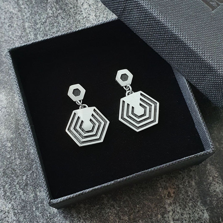 Edge Only Hexagon Drop Earrings in oxidised sterling silver 