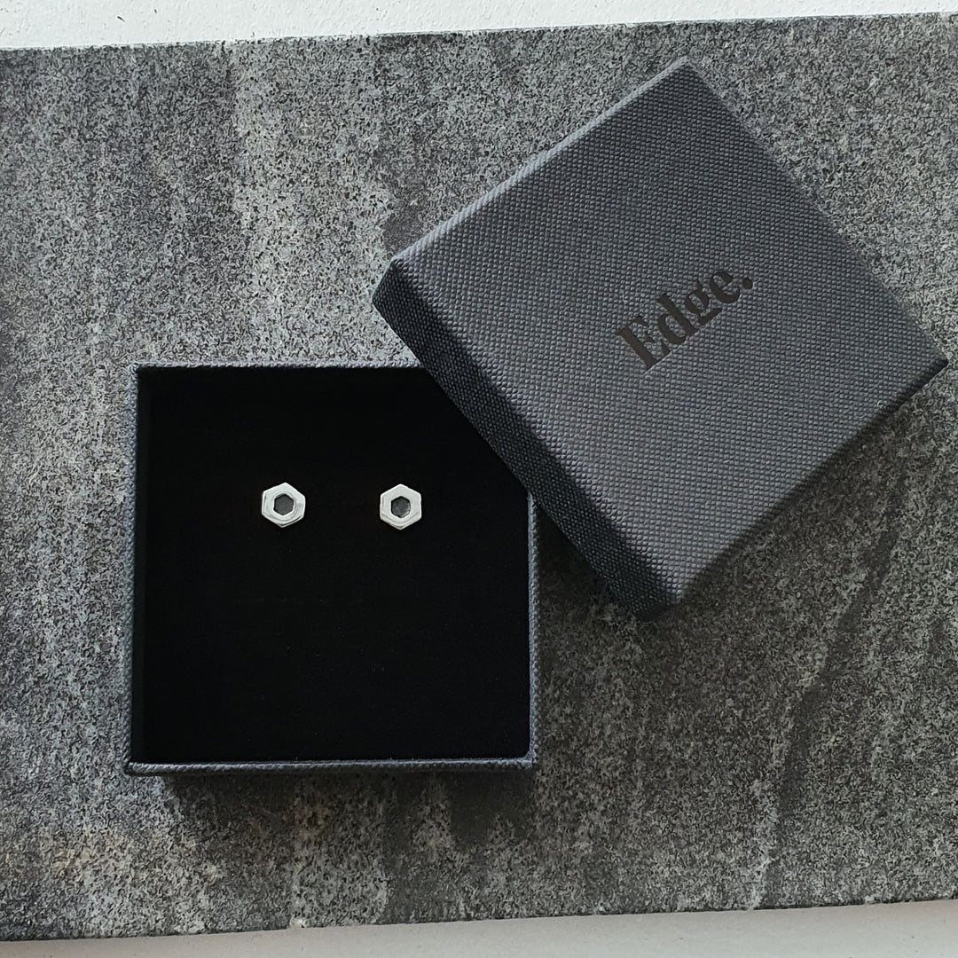 Edge Only Hexagon Earrings in oxidised sterling silver 
