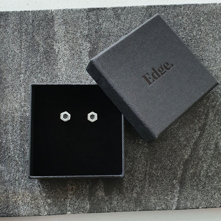 Edge Only Hexagon Earrings in oxidised sterling silver 
