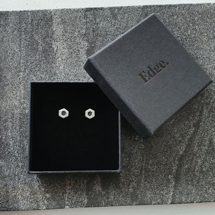 Edge Only Hexagon Earrings in oxidised sterling silver 