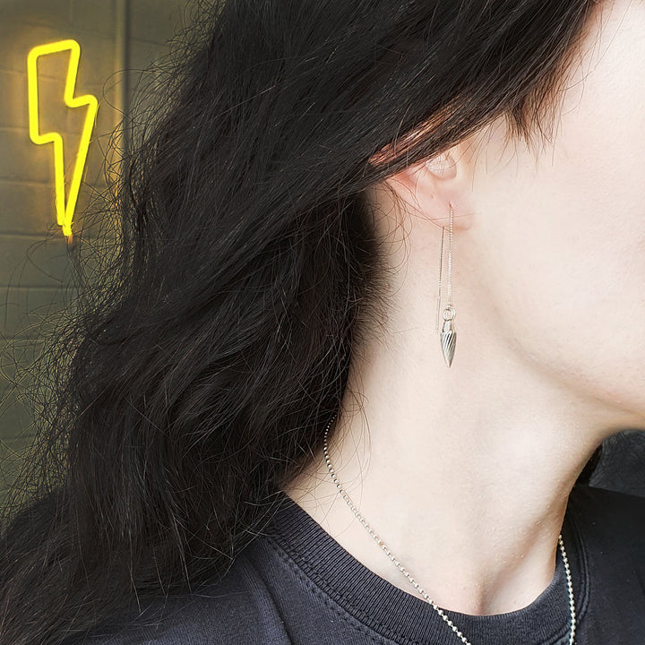 Edge Only Spiral Drop Threader Earring oxidised sterling silver way 1
